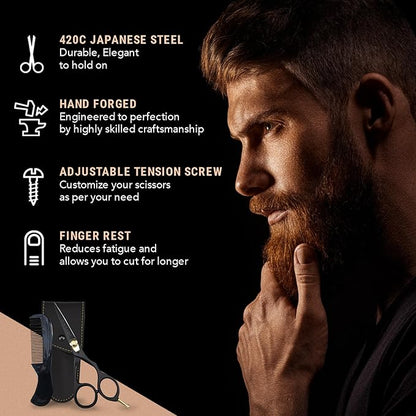 Ontaki Japanese Steel Beard Scissors for Men - 5.5" Ergonomic Black, Right-Handed - Scissors & Comb Travel Set, Beard Grooming Kit with Mustache Comb & Carry Pouch, Blunt-Tip Facial Hair Shears