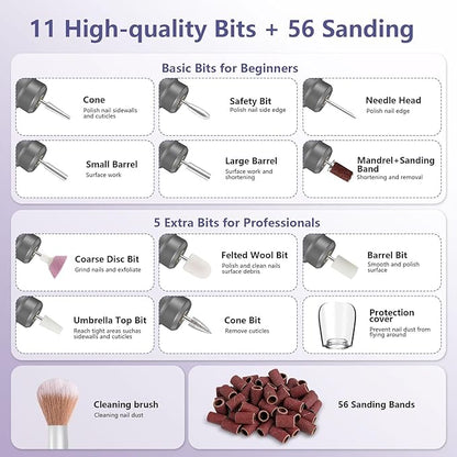 Cordless Nail Drill Electric Rechargeable File Kit, Professional Efile Acrylic Gel Nail Polish Remover Pedicure Manicure Machine Portable Set with 11 Bits 56 Sanding Bands for Salon Home Gray
