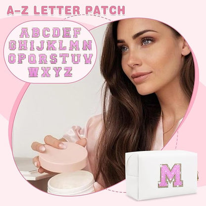 Small Initial Patch Makeup Bag Personalized Gifts Make Up Bag,White Cute PU Leather Glitter Letter Cosmetic Bag with Zipper,Trendy Portable Travel Toiletry Pouch,Preppy Stuff for Teen Girls Women M