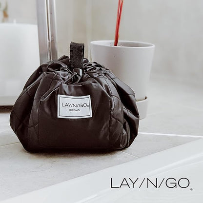 Lay-n-Go Cosmo Layflat Drawstring Cosmetic & Makeup Bag Organizer w/Zipper Pocket, Brush Loops & More, Cinch to Close, Lay Flat to Use, Durable, Machine Wash, Travel Toiletry Bag (20", Pink)
