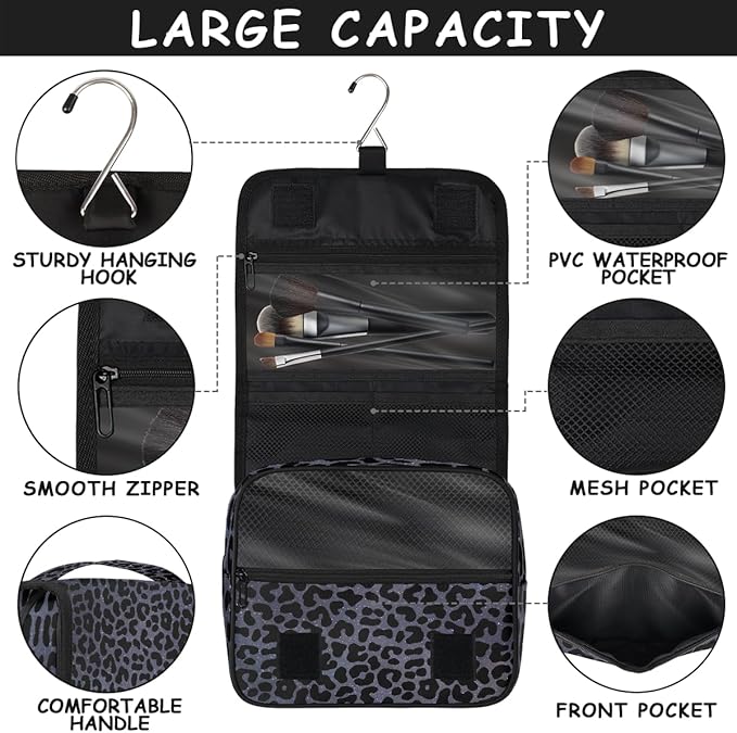 Travel Toiletry Bag for Women & Men Galaxy Leopard Skin Purple Hanging Cosmetic Organizer Portable Waterproof Makeup Case Make Up Bag with Compartments Travel Essentials for Bathroom Shower