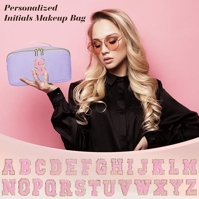 Personalized Initial Makeup Bag,Christmas Gifts for Girl,Preppy Bag Cosmetic Travel Bag Women,Travel Toiletry Organizer,Large Capacity Corduroy Stuff Bag,Cute Cosmetic Pouch Skincare Bag-U
