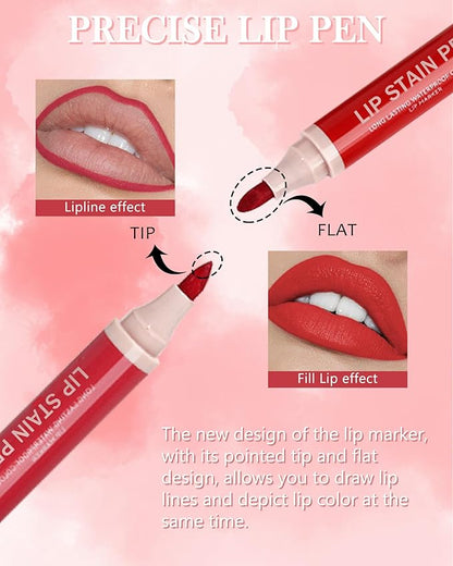 Lip Stain Liner Pen Set-4 Pcs Hydrating Lip Stain Lip Liner Pencil Kit,Longlasting Waterproof Smudgeproof Matte Color Look,Precise Chisel Tip Smooth,Christmas Makeup Gift Kit for Women Girl