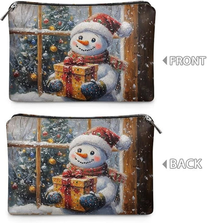 COEQINE Travel Pouch for Women Leather Cute Snowman Purses Travel Cosmetic Bag Soft Portable Cosmetic Face Brushes Holder Large Travel Makeup Brush Case for Womes Christmas Gifts