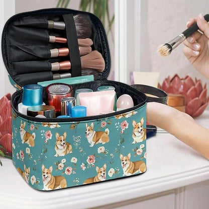 JoyLamoria Corgi Floral Makeup Bag Handbag Tote Bag Casual Cute Cosmetic Bag Brush Bag Toiletry Bag