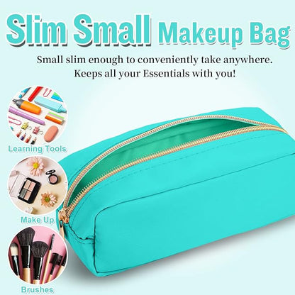 izuzta Nylon Small Makeup Bag Slim Pouch, Preppy Cute Makeup Brush Case Bag Cosmetic Zipper Pouch for Purse, Waterproof Travel Toiletry Bag Clutch Coin Pouch Makeup Organizer for Women Girls(Mint)