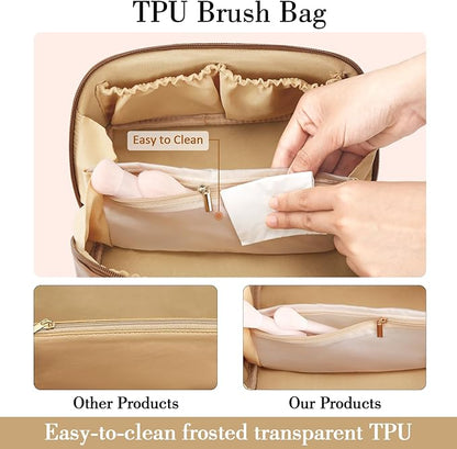 Birthday Gifts for Women Teen Girl, Personalized Initial Makeup Organizer Bag Set, Open Flat Travel Cosmetic Bag With Clear Divider and Handle(Beige,C)