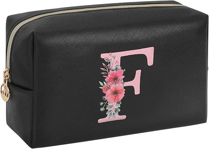 Personalized Initial Makeup Bag, Birthday Gifts for Women and Girls, Small Makeup Pouch Travel Toiletry Bag, Make Up Organizer Bag Gift Trendy Stuff for Friend Mom Teacher, Black