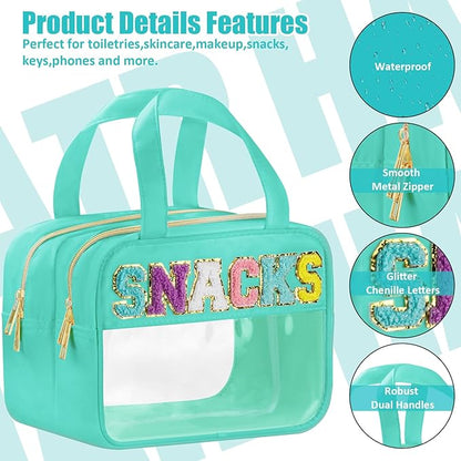 Chenille Letter Clear Makeup Bags, Snacks Bag for Travel, Preppy Patch Nylon Cosmetic Bag with Handles and Zipper, Waterproof Large Clear Travel Toiletry Bag Storage Bag for Women Green