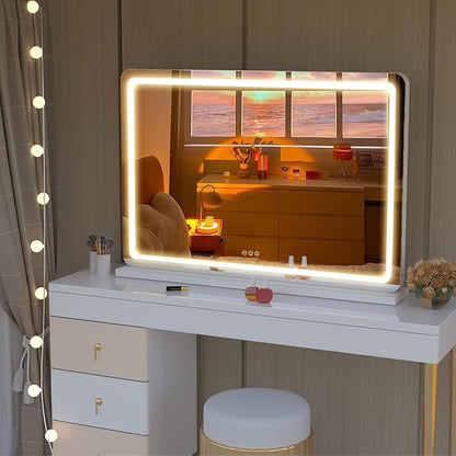 Hasipu Vanity Mirror with Lights, 31.5" x 22" LED Makeup Mirror, Lighted Makeup Mirror with Dimmable 3 Modes, Touch Screen Control Vanity Mirror Round Black