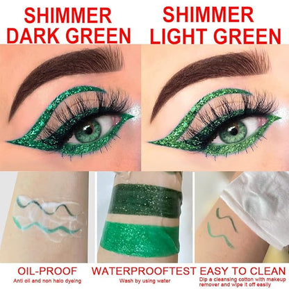 evpct 2Pcs Emerald Dark Green Glitter Shimmer Liquid Eyeliner Eye Shadow Makeup Pencil, Green Face Body Glitter Fake Eyelashes Lashes Mascara Accessories, Sparkle Metallic Colored Eyeliner Waterproof