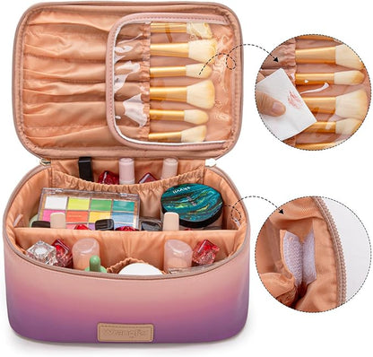 Montana West X Wrangler Travel Makeup Bag 2pcs Set Large Cosmetic Bag with Makeup Brush Holder Portable Make Up Organizer Cute Toiletry Bag with Divider and Handle for Women Gradient