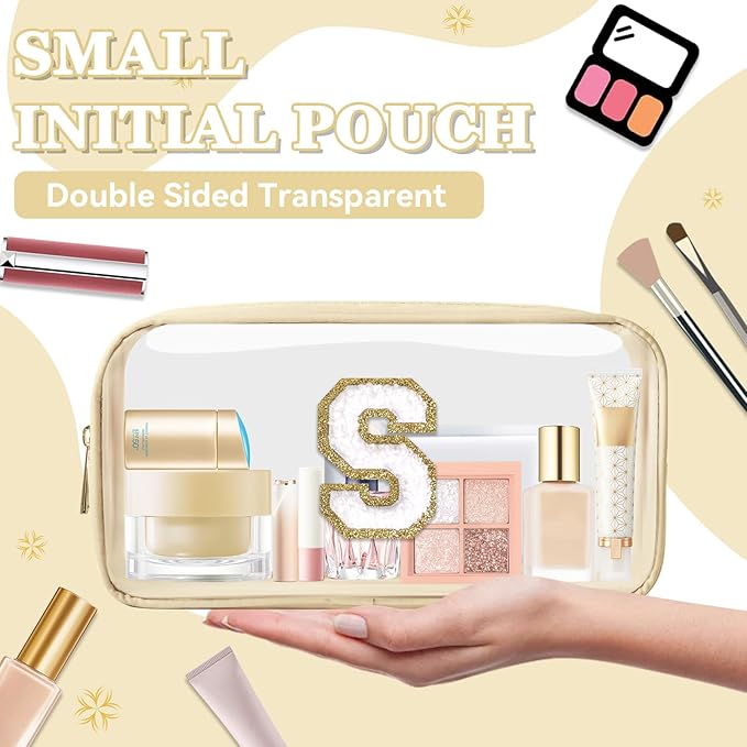 Small Clear Personalized Initial Makeup Bag,Nylon Preppy A-Z Chenille Letter Patch Cosmetic Pouch Beach Toiletry Bag,Waterproof Zipper Travel Purse Storage Bag Organizer for Women Girls(Beige-White S)