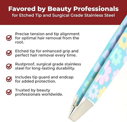 Venus by Regine Slant Tweezers - Handmade Precision Tool for Women & Men, 25-Degree Angle for Shaping Eyebrows & Grooming Facial Contours, Suitable for Eyebrow & Facial Hair Removal (Small Flowers)