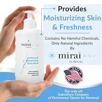 Mirai Clinical Body Wash for Strong Body Odor - Renewing Body Purifying & Deodorizing with Natural Persimmon & Green Tea Extracts - Nonenal Eliminator for Women & Men - 9.29 Fl oz