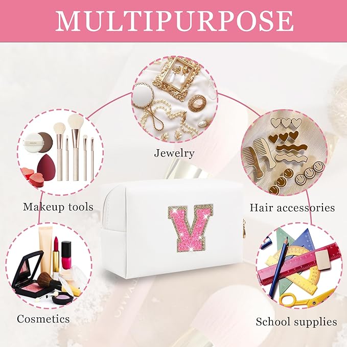 Personalized Initial Letter Patch Makeup Bag, Preppy Glitter Letter Makeup Organizer, Cute Monogrammed Pouch Cosmetic Bag PU Leather Waterproof Travel Toiletry Bag, Gift for Women Teen Girls
