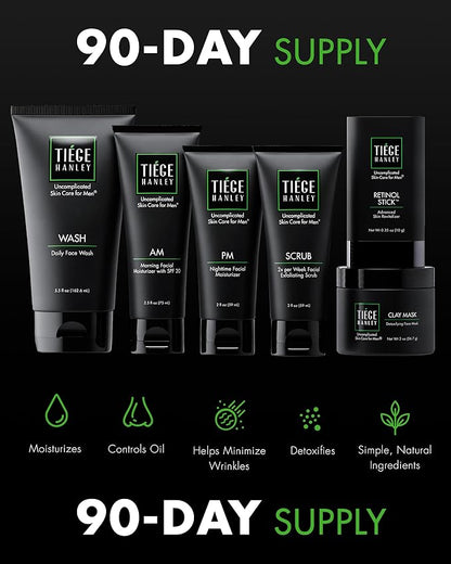 Tiege Hanley 90 Day Large Skin Care Set for Men, Anti Aging Routine, System Level 3, Daily Face Wash, Facial Scrub, Two Moisturizers, Eye Cream, & Serum for Healthy Skin, Men’s Skin Care, 6 Piece Kit