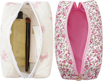 Makeup Bag Travel Cosmetic Bag for Women Girls, Zipper Make Up Pouch, Floral Flowers Toiletry Organizer Makeup, Portable Storage Cosmetic Travel Cloth Bag (Pink Bow Tie+Flower-Red)