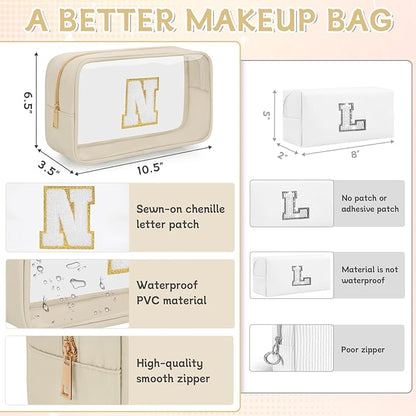 Personalized Initial Clear Makeup Bag, Travel Chenille Patch Cosmetic Bag, Preppy Toiletry Bag Monogram Cosmetic Pouch with Zipper, Ideal Gift for Teen Girls Women (Clear-Beige, N)