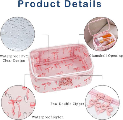 Cute Clear Makeup Bag with Bow Patten,Transparent Nylon Travel Cosmetic Case with Zipper,Portable Makeup Organizer Pouch for Essentials(05Pinkbow-white)