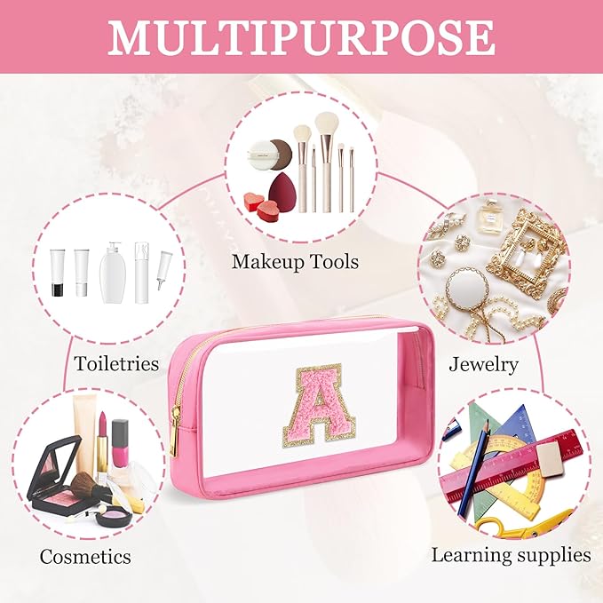 Small Clear Personalized Initial Makeup Bag,Nylon Preppy A-Z Chenille Letter Patch Cosmetic Pouch Beach Toiletry Bag,Waterproof Zipper Travel Purse Storage Bag Organizer for Women Girls(Pink-Pink A)