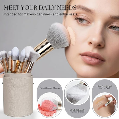 Makeup Brush Set, 18 Pcs Make up Brushes for Face and Eye with Travel Case – Natural Wood Handles – Unique Pointed Design, Makeup Brushes for Professional & Beginner Makeup Lovers (Gray)