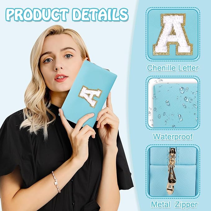 Personalized Initial Preppy Patch Makeup Bag, Small Blue Cute Cosmetic Pouch Makeup Organizer Travel Toiletry Zipper Pouch, Monogram Waterproof PU Chenille Letter Storage Bag Gift for Women(Letter A)