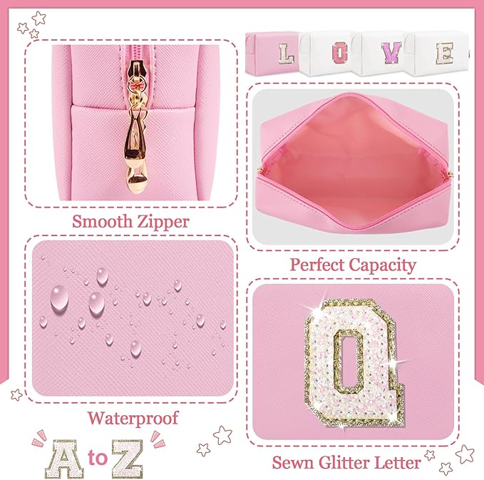 Personalized Initial Letter Makeup Bag, Small Preppy Glitter Letter Cosmetic Pouch PU Waterproof Zipper Travel Toiletry Bag, Unique Letter Patch Makeup Organizer Gift for Women Teen Girls(Letter Q)