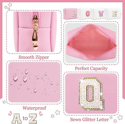 Personalized Initial Letter Makeup Bag, Small Preppy Glitter Letter Cosmetic Pouch PU Waterproof Zipper Travel Toiletry Bag, Unique Letter Patch Makeup Organizer Gift for Women Teen Girls(Letter Q)