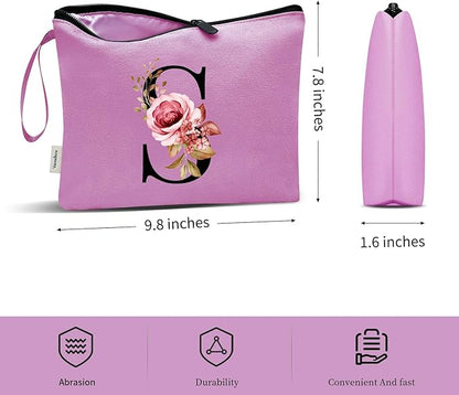 Vavabox A-Z Personalized Makeup Bag, Birthday Gifts for Women Mom, Gifts for Best Friend, Bride Bridesmaid Cosmetic bag (S, Purple)