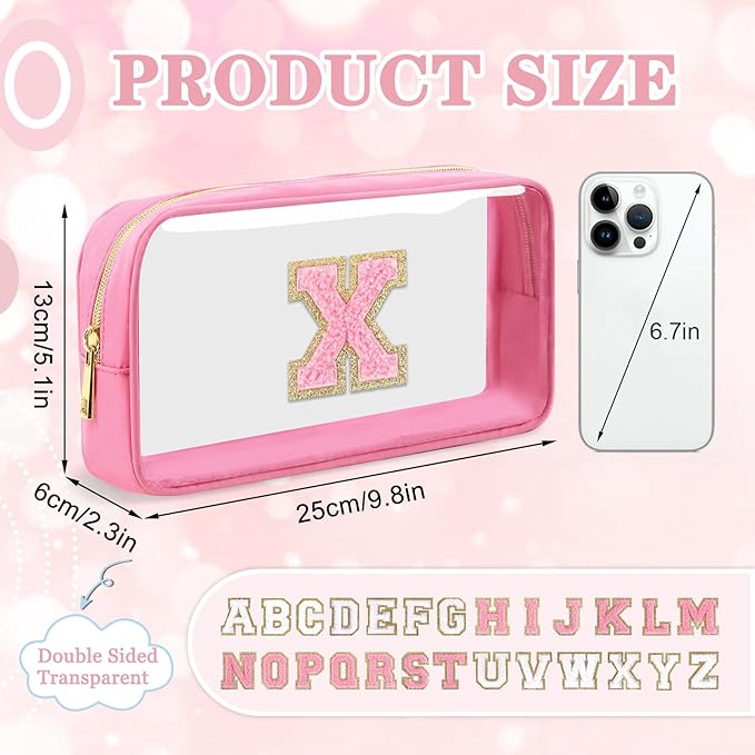 Small Clear Personalized Initial Makeup Bag, Preppy A-Z Chenille Letter Patch Cosmetic Bag, Cute Transparent Nylon Waterproof Zipper Beach Varsity Letter Pouch, Gift for Women Girls(Pink-Pink X)