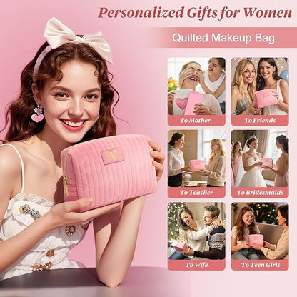 Monogrammed Make Up Bags for Women,Personalized Cosmetic Bags Women,Small Quilted Makeup Pouch,Cute Makeup Bag Travel,Birthday Gifts for Teen Girl (Pink V)