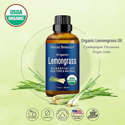 Organic Lemongrass Essential Oil 30 ml - Pure, Natural Oils for Aromatherapy, Diffusers, DIY, Candle and Soap Making Scent - Nexon Botanics