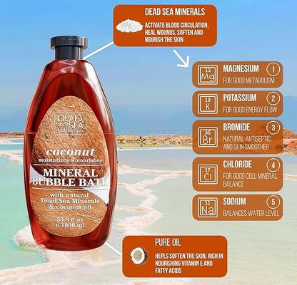 Dead Sea Collection Bubble Bath with Coconut for Women and Men - Coconut Oil and Pure Dead Sea Minerals - Nourishing and Moisturizing Skin - Pack of 2 (67.6 fl.oz)