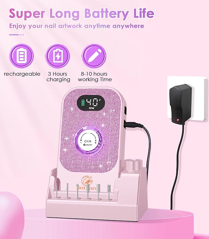 Portable Nail Drill Electric File: Professional Nail E File Machine 40000RPM Rechargeable Cordless Pink Diamond Nail Drill with Bits & Base for for Acrylic Nails Remove Gel Polish Manicure, Salon Home