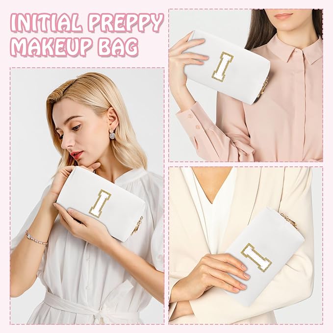 Personalized Small Travel Preppy Makeup Bag, Initial Cute Chenille Letter Cosmetic Organizer Toiletry Pouch, Waterproof Portable PU Monogram Makeup Case Gift for Women Girl Teacher Mom(Letter I)