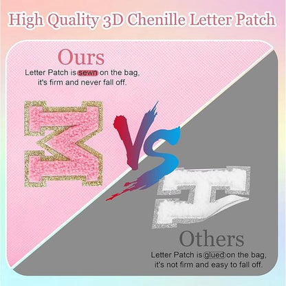 Small Personalized Glitter Initial Letter Makeup Bag, Cute PU Leather Chenille Letters Cosmetic Bag Travel Makeup Pouch, Preppy Travel Organizer Zipper Pouch for Women&Girls（PinkPink-H）