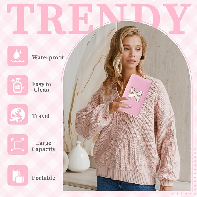 Small Personalized Initial A-Z Patch Makeup Bag,Pink Cute PU Leather Glitter Letter Cosmetic Bag for Teen Girls,Travel Toiletry Bag with Zipper,Preppy Monogrammed Birthday Gift for Daughter Niece X