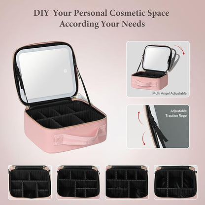 Travel Makeup Bag with LED Lighted Mirror, Cosmetic Makeup Organizer Bag with 3 Color Setting, Makeup Train Case with Adjustable Dividers for Women Makeup Brushes Jewelry Accessories (Pink)