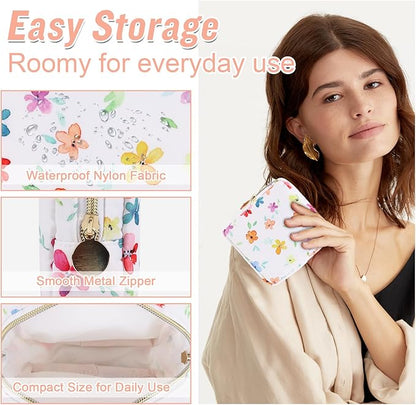 Nylon Mini Floral Makeup Bag for Purse, Small Cute Makeup Bag Preppy Flower Cosmetic Zipper Pouch, Waterproof Travel Set Coin Pouch Sanitary Napkin Storage Bag Makeup Organizer for Women(White-Flower)