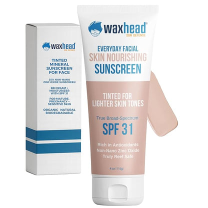 Tinted Mineral Sunscreen for Face SPF 31 by Waxhead – Non-Nano Zinc Oxide BB Cream Moisturizer, Unscented, Non-Comedogenic Facial Sunscreen + Primer for Daily Wear (Light Tint 4oz)