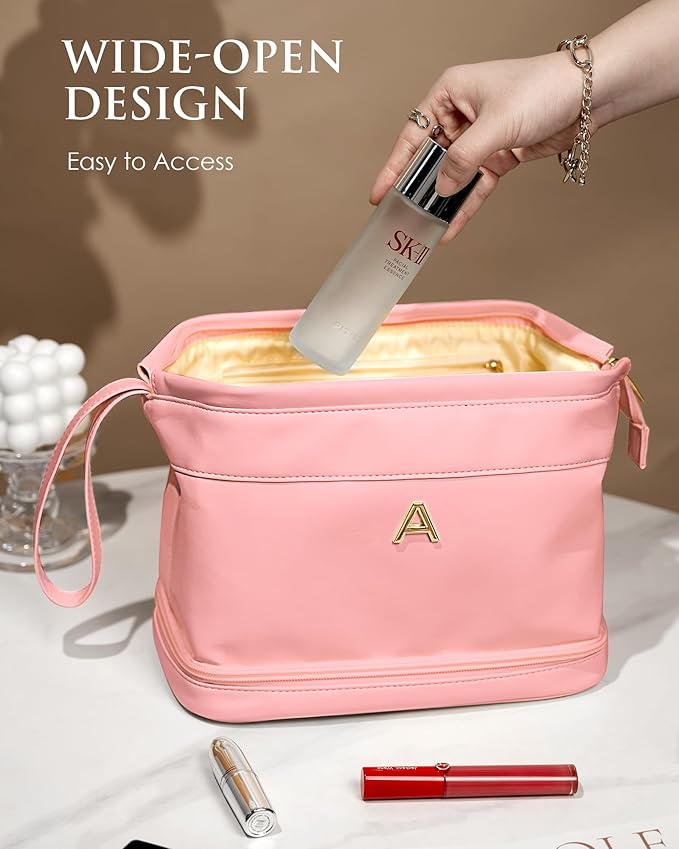 Gifts for Her Birthday-Gift Ideas for Woman Initial Large Makeup Bag, Personalized Double Layer Cosmetic Bag with Makeup Brush Organizer, Waterproof, Travel Toiletry Bag for College Girls