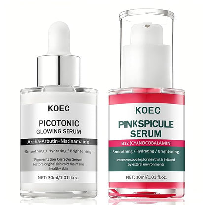 Dual-Action Acne Serum & Pico Tonique Essence Set - Minimizes Pores · Evens Skin Tone, Featuring Calcium Arbutin Ampoules, Niacinamide, Collagen - 1.01 fl oz (2-Bottle Set) (1)