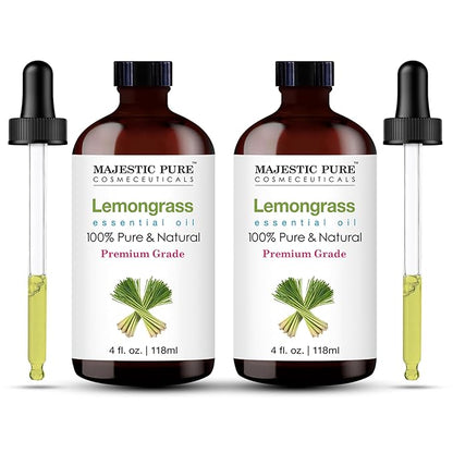 Majestic Pure Lemongrass Essential Oil with Glass Dropper - 4 Fl Oz Pack of 2-100% Pure and Natural Lemongrass Oil - Premium Grade Essential Oils for Diffuser, Aromatherapy, Soap and Candle Making