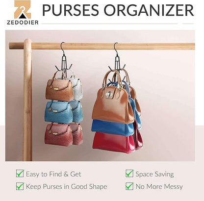 ZEDODIER Purse Organizer for Closet, 3 Pack Rotatable Sturdy Purse Hanger Bag Rack with 18 Hooks, Space Saving Handbag Backpack Holder, Closet Organizers and Storage, Black
