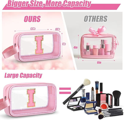 Initial Makeup Bag,Letter I Cute Clear Monogrammed Cosmetic Travel Bag for Womens Girls,Personalized Pink Aesthetic Traveling Make Up Organizer Bag for Beach,Waterproof Toiletry Bag