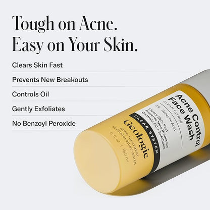 Geologie Acne Control Face Wash | 2% Salicylic Acid Exfoliating Cleanser | Clears Skin, Controls Oil & Prevents Breakouts | Clean Citrus Scent | For Men & Women | 6 fl oz
