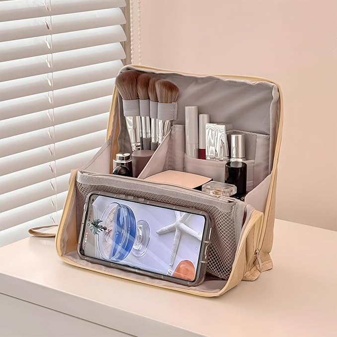 Makeup Bag,Standing Makeup Bag – Portable,Large Capacity Multi-purpose Large Capacity Oxford Cloth Standing Makeupbag Portable, Aterproof,Compartments and Handle (Beige)