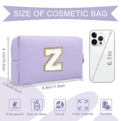 Personalized Makeup Bag Initial A-Z Preppy Patch Bag,Small PU Leather Travel Cosmetic Bag Pouch with Zipper,Purple Cute Toiletry Bag,Gift Ideal for Teen Girls Women Birthday Friend Mom,Latter Z