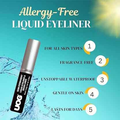 UOG (United One) Liquid Eyeliner & Eyebrow Liner - Waterproof, Semi-Permanent, Smudge-Proof, Lasts Up to 7 Days, Allergy-Free with Precise Slender Tip. 5.0 mL/0.18 Fl oz